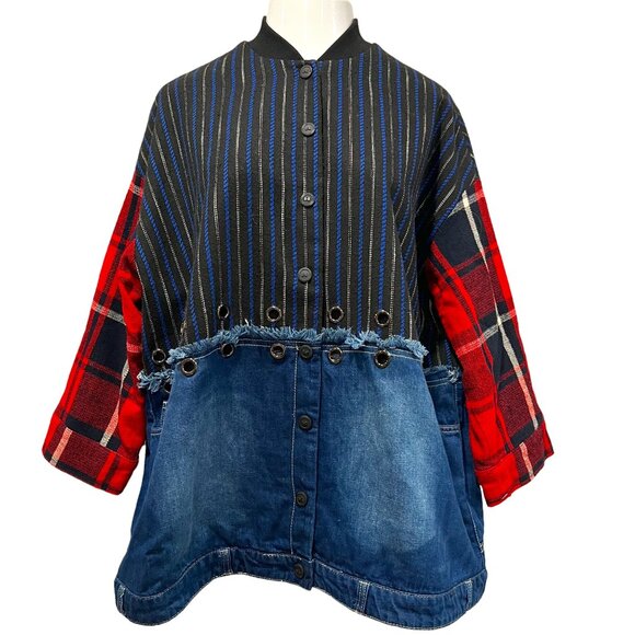 Women’s Oversized Mixed Plaid Denim Jacket, Pockets, OS - Picture 1 of 11